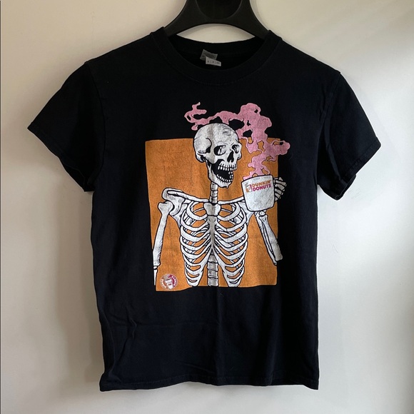 Gildan Tops - Gildan Black Short Sleeve Dunkin' Donuts Tee with Skeleton Holding Coffee Cup S